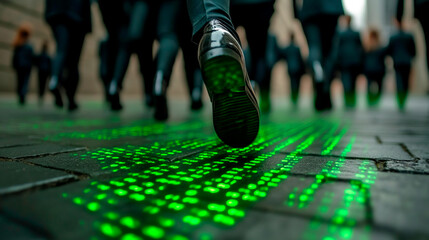 Abstract Image of Business People Walking on the Street. Photo in matrix style in green colors