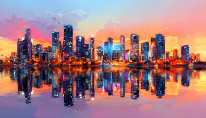 Fototapeta premium Colorful city skyline reflecting in water at sunset with vibrant lights 