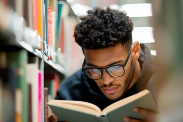 Student deeply engaged in reading a textbook in a library setting emphasizing the importance of academic focus and study habits