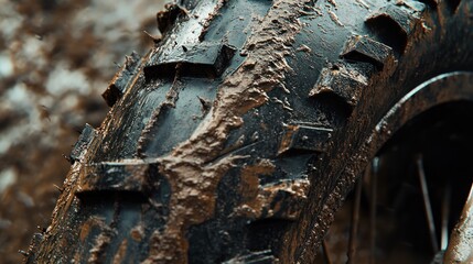 Close-up of a muddy motorcycle tire.
