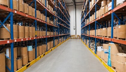 A large industrial warehouse with rows of shelves stocked with various goods, including barrels and boxes.
