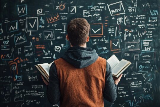 A college student explores knowledge at a modern library surrounded by insights and ideas for academic success