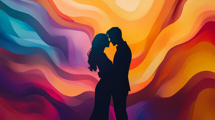 Silhouette of a couple embracing, colorful abstract background, romantic mood. Romantic. Illustration
