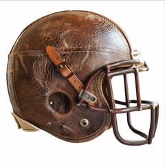 Old world craft American football helmet in tan leather, showcasing intricate details and vintage style. Perfect for collectors and sports enthusiasts