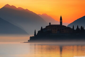 Majestic Sunset Serenity at Lago Maggiore with Silhouetted Mountains