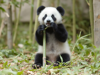 Obraz premium Cute baby panda eating bamboo in the forest