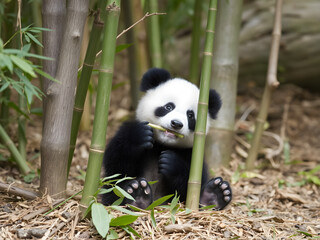 Obraz premium Cute baby panda eating bamboo in the forest