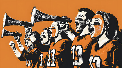 Sports Fanatics: Fans at a stadium, faces painted, megaphones raised. Their cheers echo through the arena. The background color matches their team jersey—loyalty in pixels. 