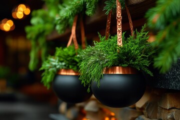 A small fireplace in a kitchen, with copper pots and herbs hanging above, creating a homey feel