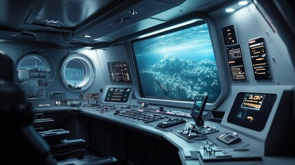 Obraz premium Futuristic spaceship cockpit with large window overlooking a distant planet.