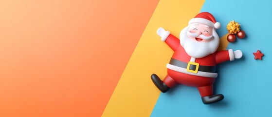 A cartoonish image of Santa Claus standing on a blue and orange background