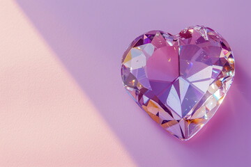 Fototapeta premium Crystal heart on a purple pink background with copy space on a purple background.
