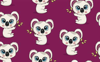 Seamless pattern with cute koala baby on color background. Funny australian animals. Card, postcards for kids. Flat vector illustration for fabric, textile, wallpaper, poster, paper
