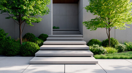 concrete steps in garden, the bushes and trees are on both sides of concrete steps