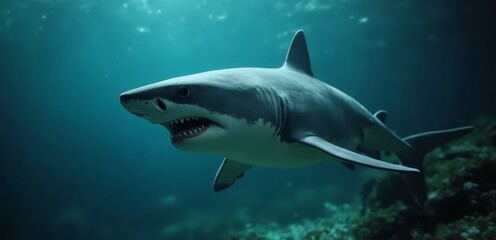 Fototapeta premium A shark swimming in the ocean with its mouth open