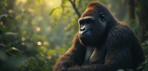 Obraz premium A gorilla sitting in the middle of a lush green forest