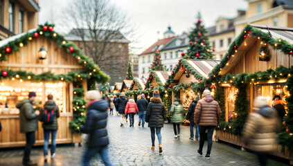Christmas market with festive decorations and people