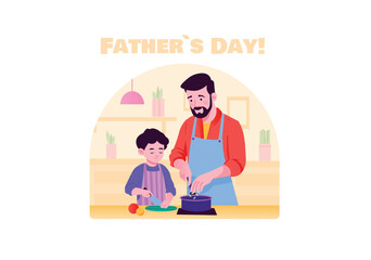 A father and son happily cooking together in a bright kitchen. The father teaches the son to prepare a meal. Vector illustration