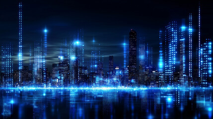 Floating Data Points Over City Skyline Abstract Background