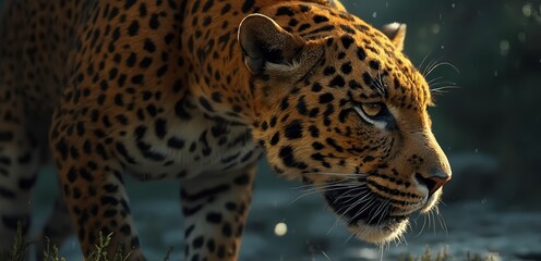 A close up of a leopard walking in the rain