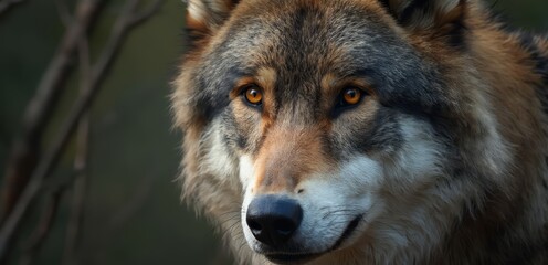 Obraz premium A close up of a wolf's face with yellow eyes