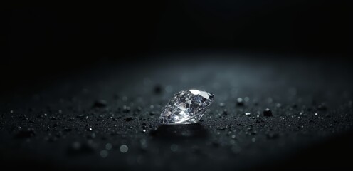 A diamond on a black surface with water droplets