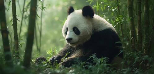 Fototapeta premium A panda bear sitting in the middle of a bamboo forest