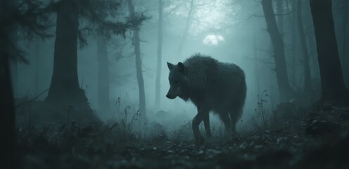 Naklejka premium A lone wolf walking through a dark forest in the fog