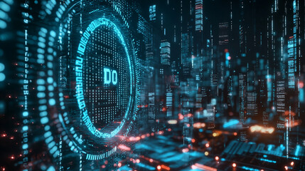 Fototapeta premium Digital Metropolis with Encryption Codes Representing Data Security