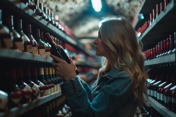 Fototapeta premium Woman selecting a bottle of wine in a traditional cellar