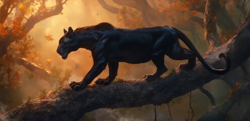 Fototapeta premium A black panther walking on a tree branch in a forest