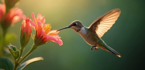 Fototapeta premium A hummingbird is flying near a pink flower