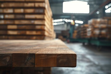 Wood table in warehouse storage blur background