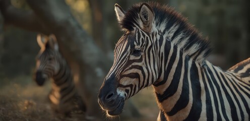 Fototapeta premium A zebra standing next to a baby zebra in a field