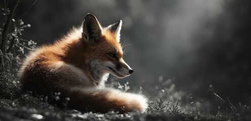 Obraz premium A red fox laying down in the grass