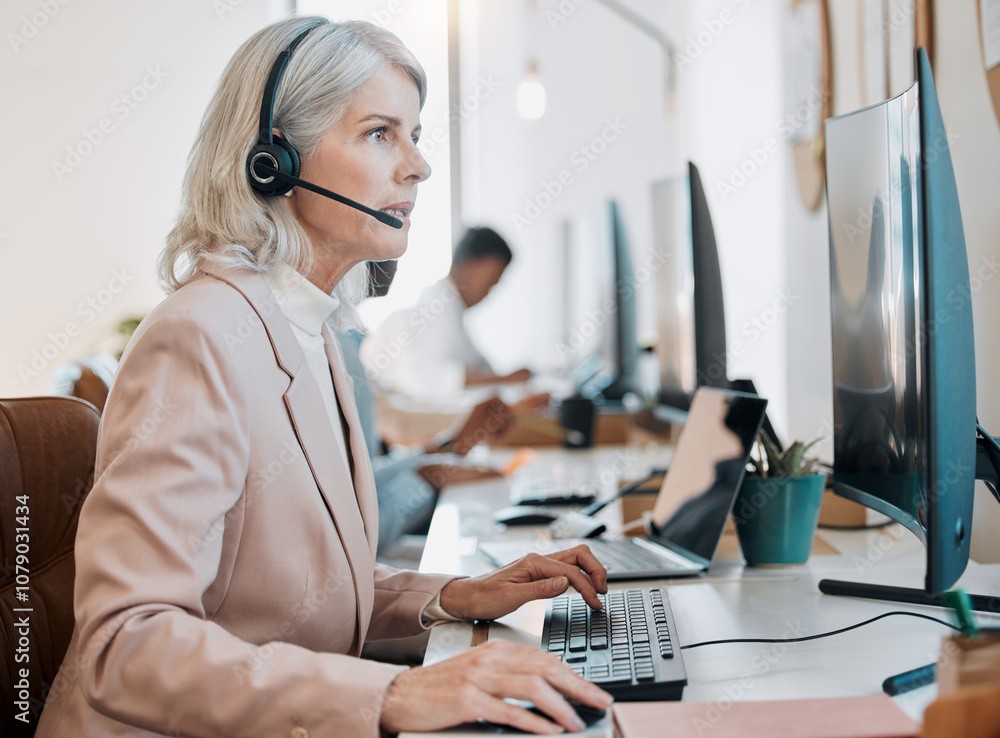 Aufkleber mature woman, reading and computer at call center with talk, advice or solution with customer servic