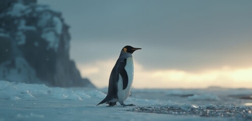 Fototapeta premium A penguin standing on top of a snow covered ground