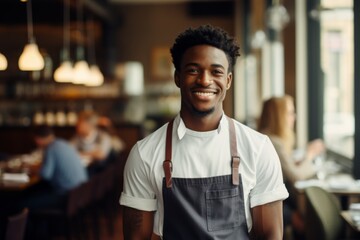 Fototapeta premium Smiling portrait of a young male African American waiter in cafe