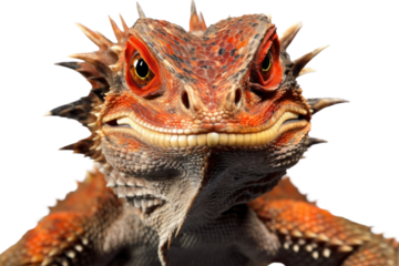 A frilled dragon lizard in a close-up shot, exhibiting an angry demeanor with its frill raised and eyes narrowed. The lizard's skin features vivid colors and intricate patterns