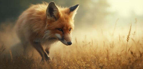 Fototapeta premium A red fox walking through a field of tall grass