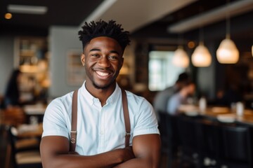 Obraz premium Smiling portrait of a young male African American waiter in cafe