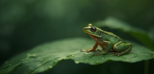 Fototapeta premium A green frog sitting on top of a green leaf