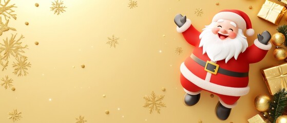 A santa with a big smile on his face is standing on a yellow background with sno