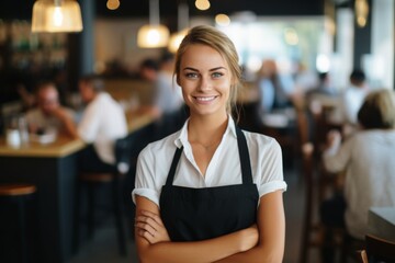Smiling portrait of a young female waitress in cafe