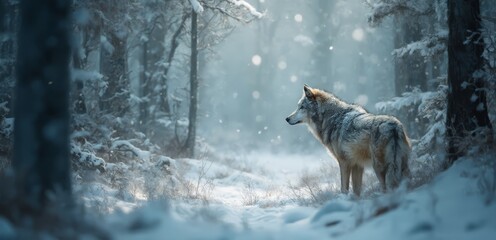 A lone wolf standing in the middle of a snowy forest