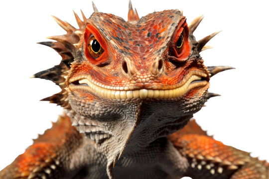 A frilled dragon lizard in a close-up shot, exhibiting an angry demeanor with its frill raised and eyes narrowed. The lizard's skin features vivid colors and intricate patterns