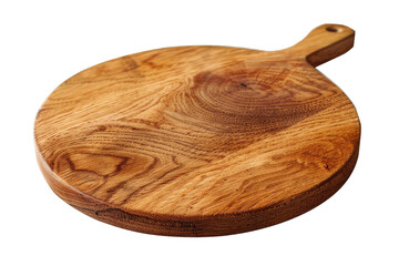 A rustic, round wooden cutting board with a natural grain pattern, kitchen or decor use. Cut out or PNG.