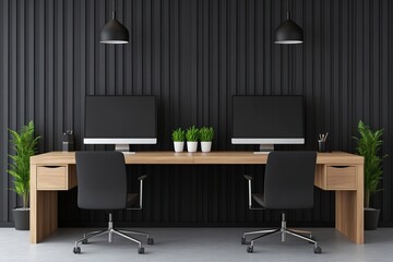 A modern office setup with two chairs, two computers, and green plants, set against a sleek black wall.