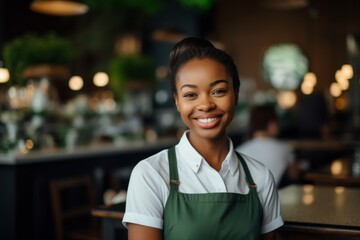 Fototapeta premium Smiling portrait of a young female waitress in cafe
