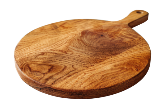 A rustic, round wooden cutting board with a natural grain pattern, kitchen or decor use. Cut out or PNG.